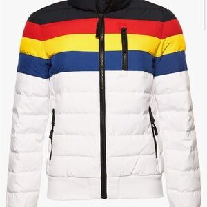 Superdry Black and Yellow Puffer Jacket with Bold Design
